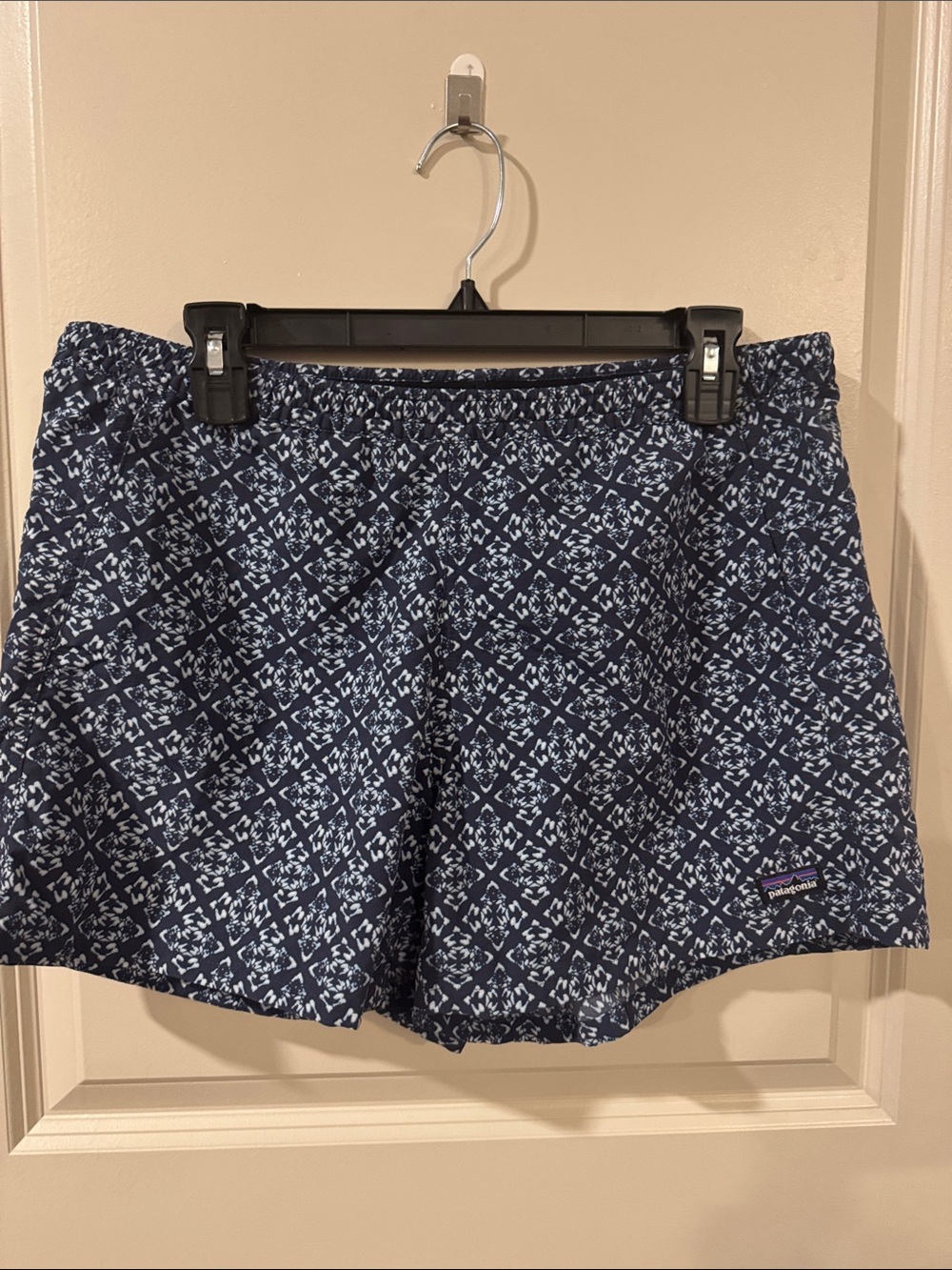 Patagonia Navy and Light Blue Geometric drawstring shorts